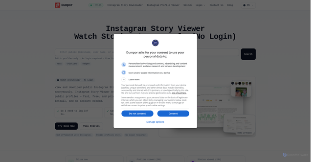 Security scan screenshot of https://dumpor.io
