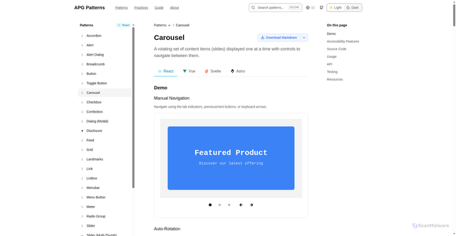 Security scan screenshot of https://apg-patterns-examples.pages.dev/patterns/carousel/react/