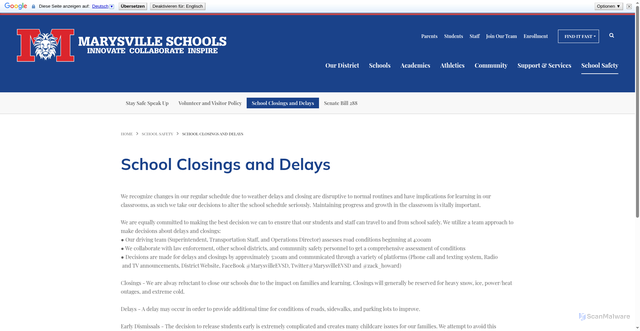 Security scan screenshot of https://www.marysville.k12.oh.us/school-safety/school-closings-and-delays