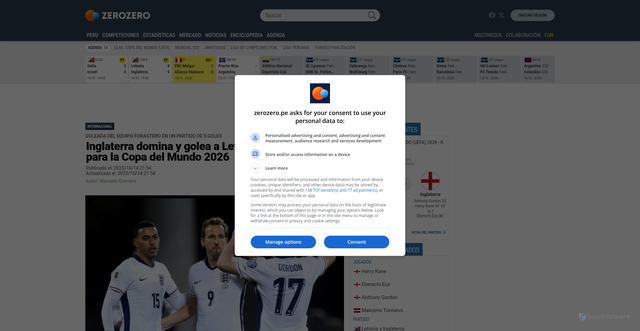 Security scan screenshot of https://www.zerozero.pe/noticias/inglaterra-domina-y-golea-a-letonia-en-clasificacion-para-la-copa-del-mundo-2026/948266