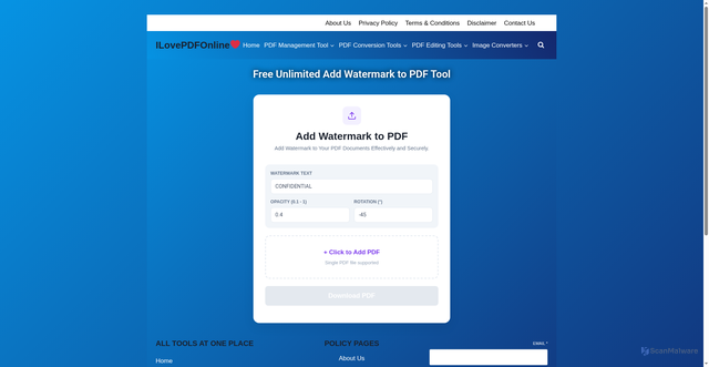 Security scan screenshot of https://ilovepdfonline.in/add-watermark/
