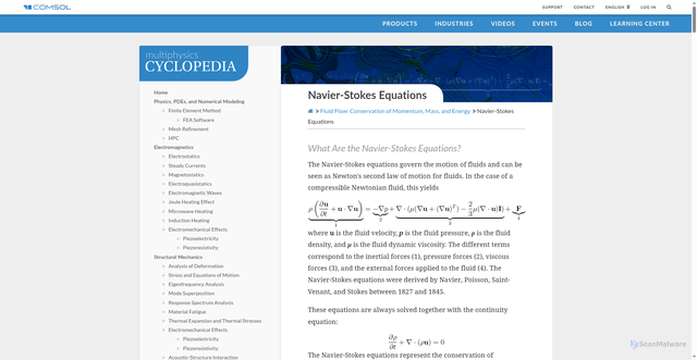 Security scan screenshot of https://www.comsol.com/multiphysics/navier-stokes-equations