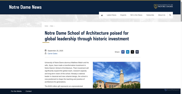 Security scan screenshot of https://news.nd.edu/news/matthew-and-joyce-walsh-make-transformative-150m-gift-to-school-of-architecture/