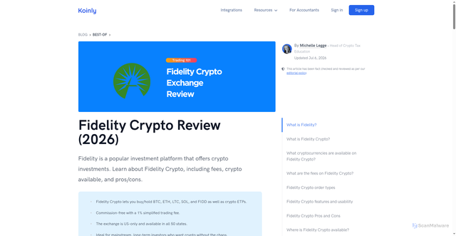 Security scan screenshot of https://koinly.io/blog/fidelity-crypto-review/