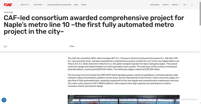 Security scan screenshot of https://www.cafmobility.com/en/press-room/caf-led-consortium-awarded-comprehensive-project-naples-metro-line-10/