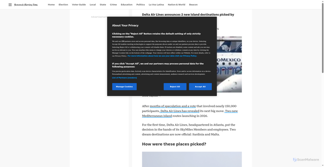Security scan screenshot of https://www.savannahnow.com/story/news/2025/09/19/delta-air-lines-adds-two-travel-destinations-for-2026-heres-where/86217543007/