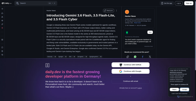 Security scan screenshot of https://daily.dev/posts/introducing-gemini-3-6-flash-3-5-flash-lite-and-3-5-flash-cyber-axoqjo8sv
