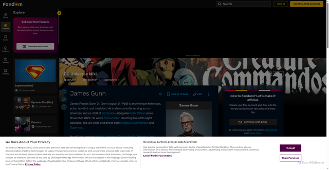 Security scan screenshot of https://the-dc-universe-franchise.fandom.com/wiki/James_Gunn