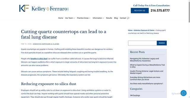 Security scan screenshot of https://www.kelleyferraro.com/blog/2024/02/cutting-quartz-countertops-can-lead-to-a-fatal-lung-disease/