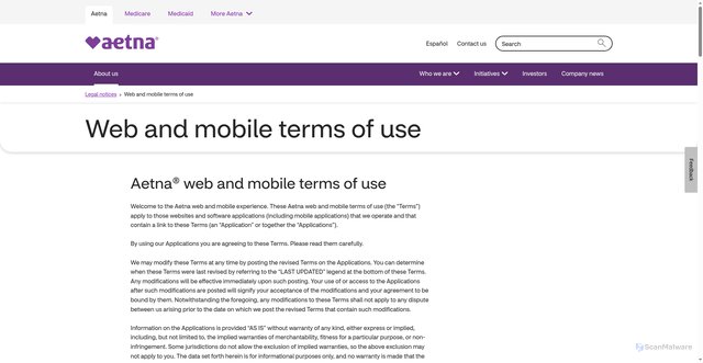 Security scan screenshot of https://www.aetna.com/legal-notices/disclaimer.html