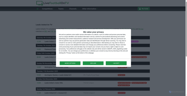 Security scan screenshot of https://www.live-footballontv.com/leeds-united-on-tv.html
