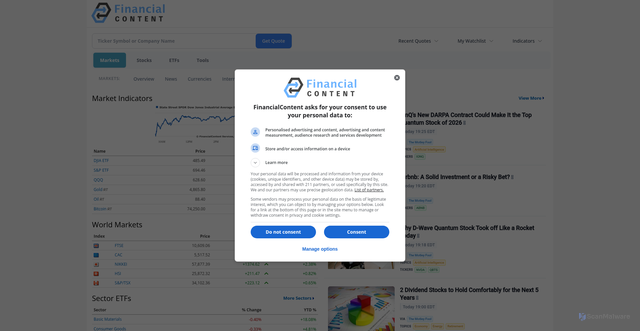 Security scan screenshot of https://markets.us-east-1.financialcontent.com