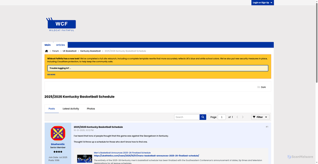 Security scan screenshot of https://wildcatfaithful.net/forum/main-forum/sports/kentucky-basketball/400426-2025-2026-kentucky-basketball-schedule