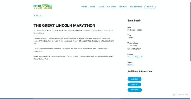 Security scan screenshot of https://www.mainesportscommission.com/events/the-great-lincoln-marathon-2/