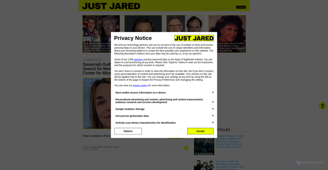 Security scan screenshot of https://justjared.com