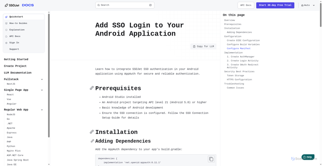 Security scan screenshot of https://ssojet-docs.pages.dev/en/sso/quickstart/native/android/