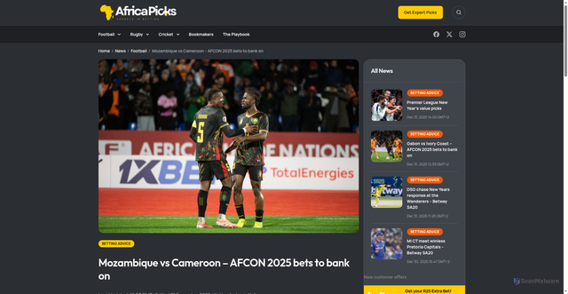 Security scan screenshot of https://www.africapicks.com/news/mozambique-vs-cameroon-afcon-2025-bets-to-bank-on/
