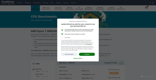 Security scan screenshot of https://www.cpubenchmark.net/cpu.php?cpu=AMD+Ryzen+7+5800X3D&id=4823