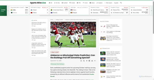 Security scan screenshot of https://sportswirelive.com/article/alabama-vs-mississippi-state-prediction-can-the-bulldogs-pull-off-something-special--1790752870363