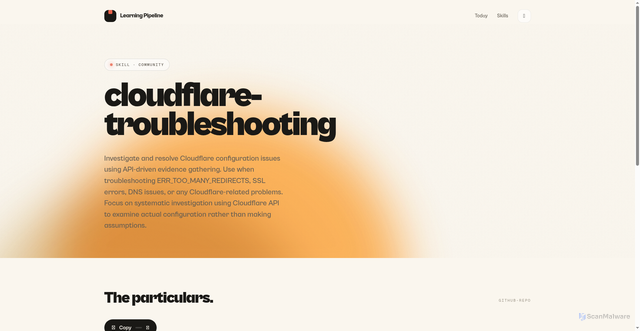 Security scan screenshot of https://learning-pipeline.pages.dev/skills/cloudflare-troubleshooting.html