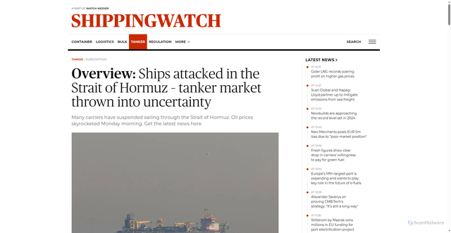 Security scan screenshot of https://shippingwatch.com/carriers/Tanker/article19066726.ece