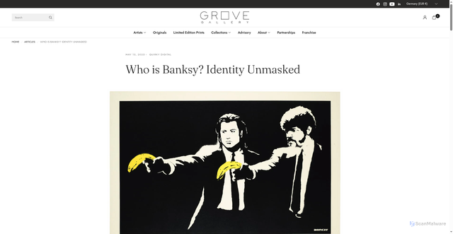 Security scan screenshot of https://grovegallery.com/blogs/articles/who-is-banksy?srsltid=AfmBOopUvy1duKvrOAnOTRzj7ZTaj0-hOdIXyj2nnvhpswEHaRy4h_LB