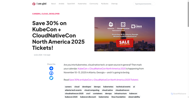 Security scan screenshot of https://iamgini-github-io.pages.dev/save-30-on-kubecon-cloudnativecon-north-america-2025-tickets/