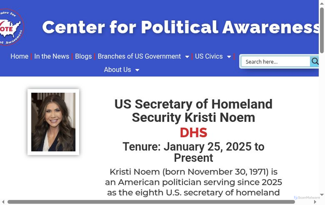 Security scan screenshot of https://centerforpoliticalawareness.com/trump-2-cabinet/us-secretary-of-homeland-security-kristi-noem/
