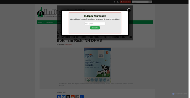 Security scan screenshot of https://indepthnh.org/2026/06/14/nara-organics-whole-milk-organic-powdered-infant-formula-recalled-due-to-botulism-risk-nh-dhhs/