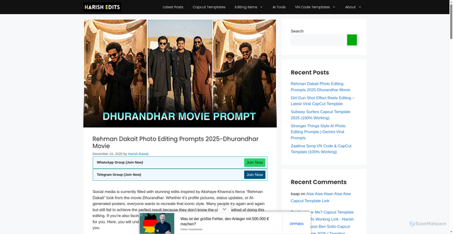Security scan screenshot of https://harishedits.com/rehman-dakait-photo-editing-prompts-2025-dhurandhar-movie/