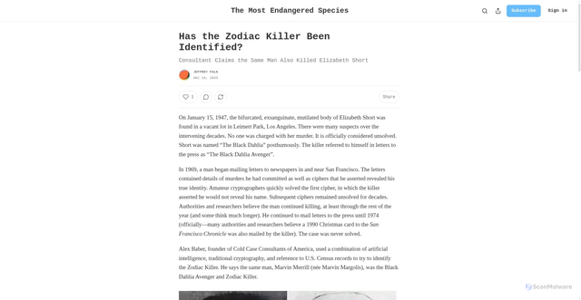 Security scan screenshot of https://themostendangeredspecies.substack.com/p/has-the-zodiac-killer-been-identified