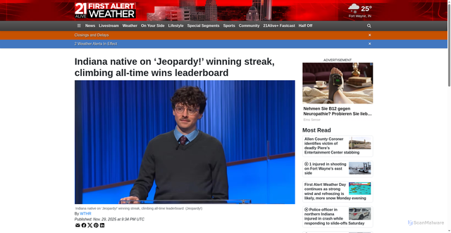 Security scan screenshot of https://www.21alivenews.com/2025/11/29/indiana-native-jeopardy-winning-streak-climbing-all-time-leaderboard/