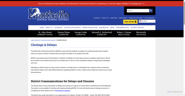 Security scan screenshot of https://www.monticelloschools.net/about-us/facilities-school-safety/closings-delays/