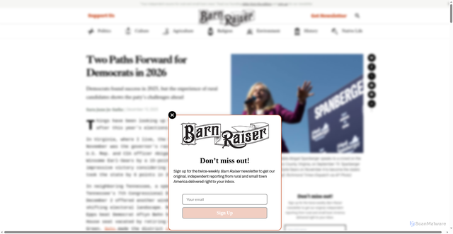 Security scan screenshot of https://barnraisingmedia.com/two-paths-forward-for-democrats-in-2026/