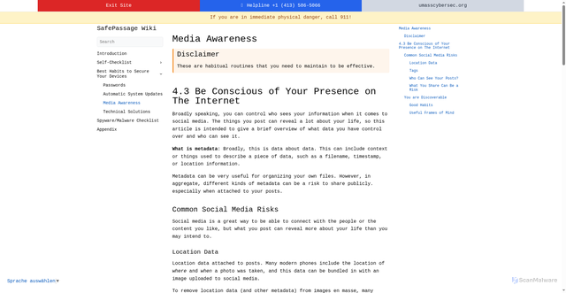 Security scan screenshot of https://safepassage-wiki.pages.dev/android/best-habits-to-secure-your-device/4.3-media-awareness/