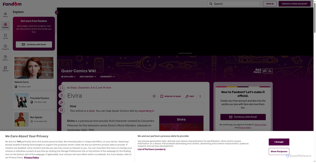 Security scan screenshot of https://queercomics.fandom.com/wiki/Elvira
