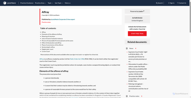 Security scan screenshot of https://www.lexisnexis.co.uk/legal/guidance/affray