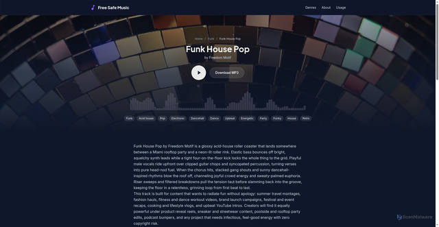 Security scan screenshot of https://freesafemusic.pages.dev/tracks/funk-house-pop/