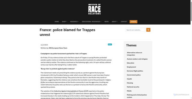 Security scan screenshot of https://irr.org.uk/article/france-police-blamed-for-trappes-unrest/