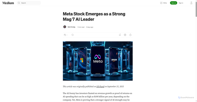 Security scan screenshot of https://beth-kindig.medium.com/meta-stock-emerges-as-a-strong-mag-7-ai-leader-b26e0d9d5a08