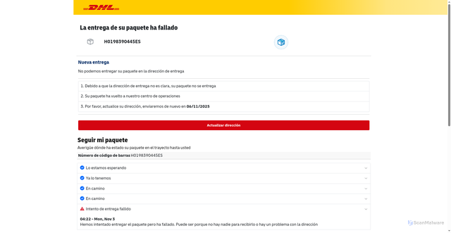 Security scan screenshot of https://snip.ly/DHL-ES