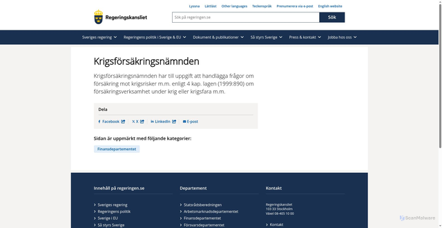 Security scan screenshot of http://www.regeringen.se/myndigheter-med-flera/krigsforsakringsnamnden/