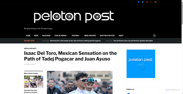 Security scan screenshot of https://www.pelotonpost.com/isaac-del-toro-mexican-sensation-on-the-path-of-tadej-pogacar-and-juan-ayuso/