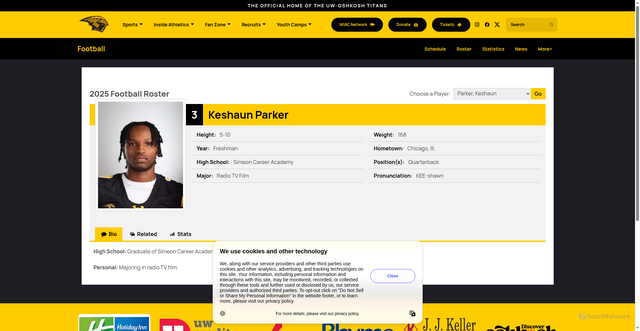 Security scan screenshot of https://uwoshkoshtitans.com/sports/football/roster/keshaun-parker/7412