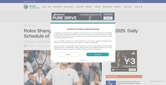 Security scan screenshot of https://tennisconnected.com/rolex-shanghai-masters-and-wuhan-open-2025-daily-schedule-of-play-for-monday-october-6/