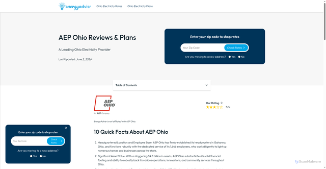 Security scan screenshot of https://ohio.energyadvisr.com/electric-companies/aep-ohio