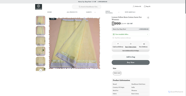 Security scan screenshot of https://handloomclothstore.com/Lemon-Yellow-Kota-Cotton-Saree-For-Womens/catalogue/-rY3zv7d/5kPWVypq