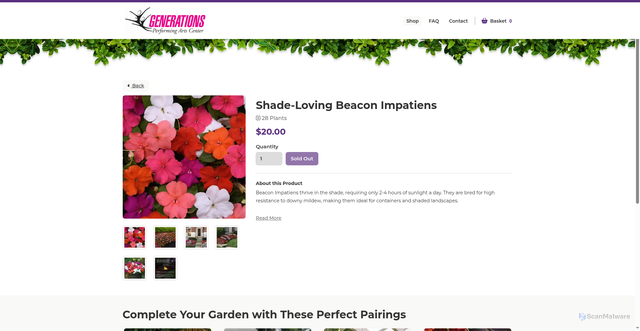 Security scan screenshot of https://generationsperforming.sowzer.com/shop_/t23049/t33162-shade-loving-beacon-impatiens