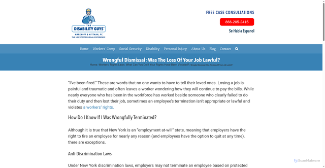 Security scan screenshot of https://thedisabilityguys.com/workers-rights-laws/wrongful-dismissal/