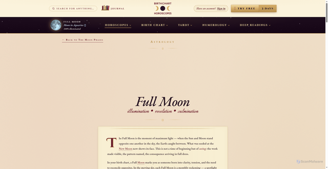 Security scan screenshot of https://birthcharthoroscopes.com/horoscopes/moon-phases/full-moon/